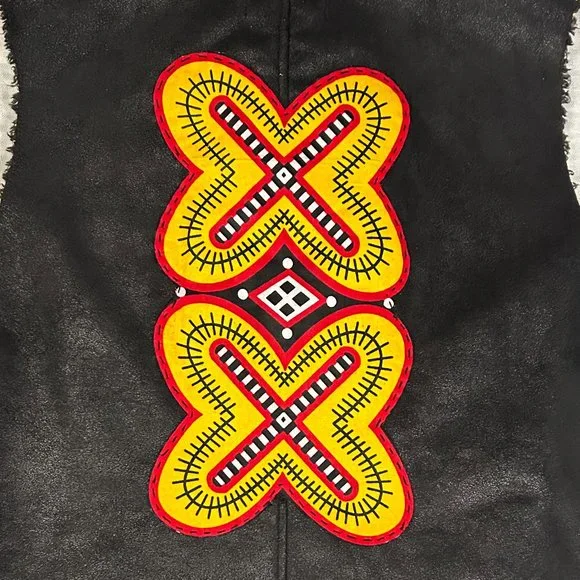 Upcycled Black Faux Suede/Sherpa Vest African Toghu Inspired XL - Picture 5 of 6
